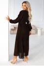  414-11 KLARA elegant pleated midi dress with a belt and neckline - chocolate 