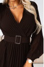  414-11 KLARA elegant pleated midi dress with a belt and neckline - chocolate 