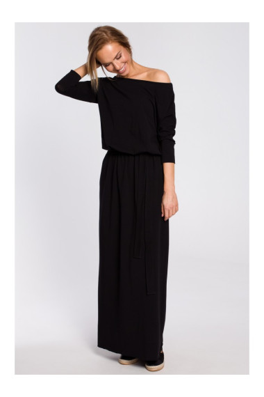 M435 Хлопковое платье макси с завязывающимся поясом - черный