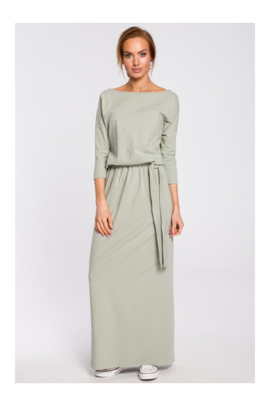 M435 Maksi kokvilnas kleita ar kaklasaites jostu - pistāciju krāsas