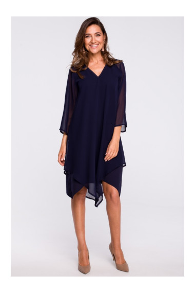 S159 Шифоновое платье с асимметричным подолом - темно-синий