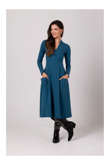 B266 Расклешенное платье с накладными карманами - океанский синий