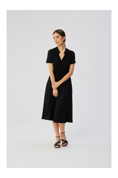 S366 Платье из вискозы с завязанной талией - черный