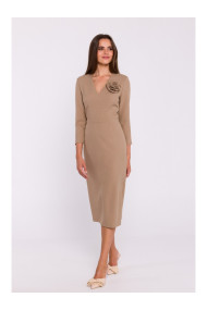 S372 Цветочное платье-карандаш - бежевый