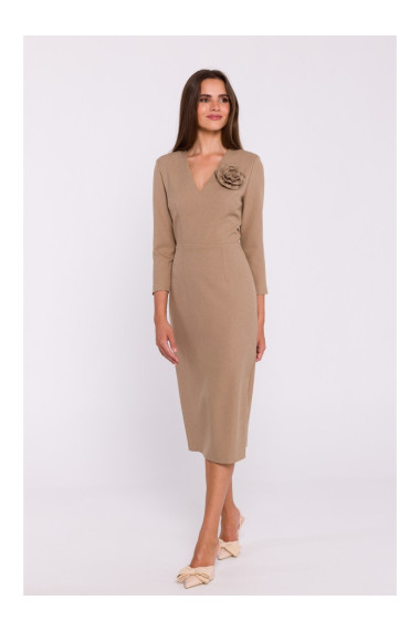 S372 Цветочное платье-карандаш - бежевый