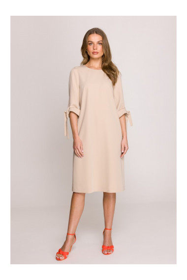 S393 A-line dress with tie sleeves - beige