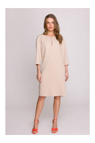 S394 Relaxed fit dress with keyhole neckline - beige