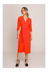 S396 Mid-length dress with wrap detail - coral