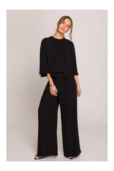 S397 Wide sleeve jumpsuit with split back - black