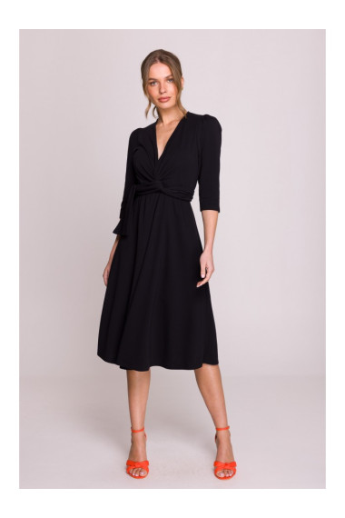 S404 Fit and flare knit dress with a tie belt - black
