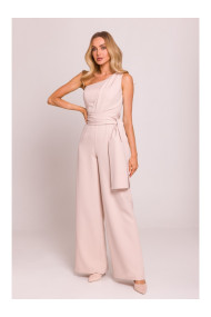 M845 One shoulder jumpsuit with a sash - light beige