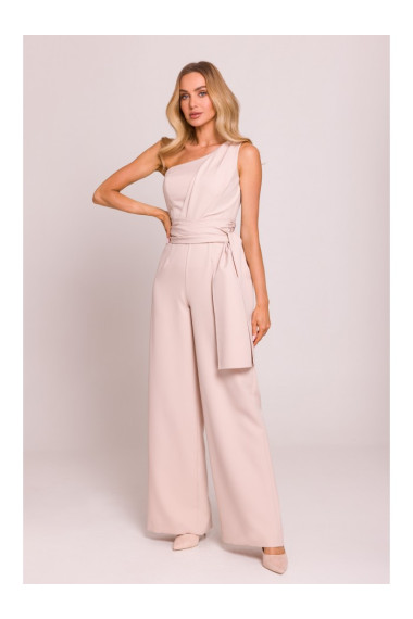 M845 One shoulder jumpsuit with a sash - light beige