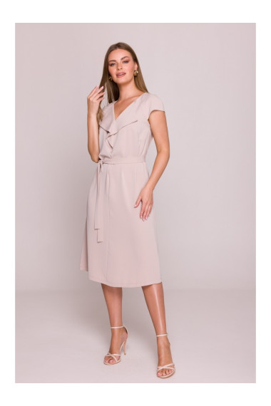 S411 Sleeveless dress with ruffled neckline - beige