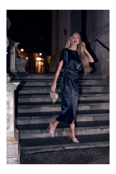 M887 Wrap style satin dress - black