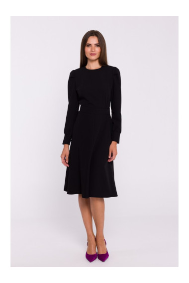 S378 Расклешенное платье с поясом - черный