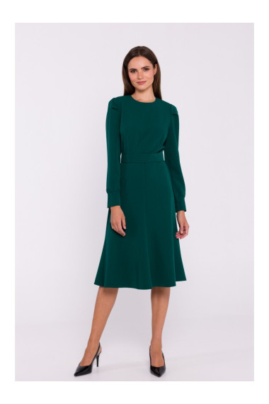 S378 Расклешенное платье с поясом - зеленый