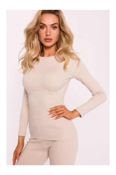 M817 Ребристый корсетный топ с длинными рукавами - песочный