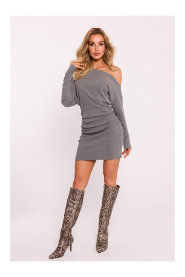 M818 Платье из трикотажа с ребристой отделкой на плечах - серый меланж