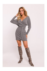 M819 Платье из ребристого трикотажа с оберткой - серый меланж