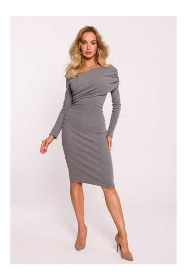 M820 Asimetriska trikotāžas kleita ar rievotu piegriezumu - pelēka, melanžēta