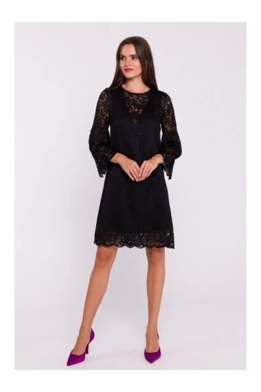 S380 Кружевное платье в форме трапеции - черный