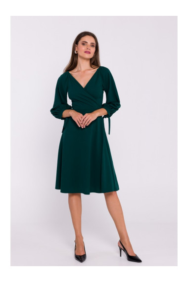 S383 Расклешенное платье с пышными рукавами - зеленый