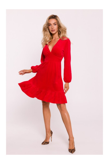 M826 Бархатное платье с V-образным вырезом - красный
