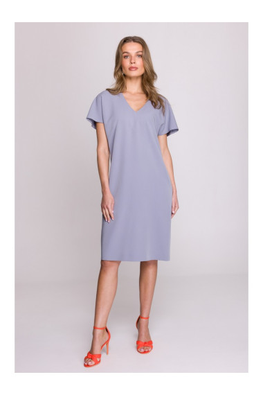 S392 Платье свободного кроя с V-образным вырезом - голубой серый