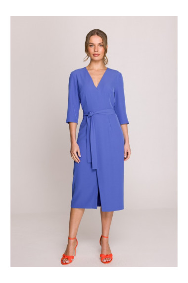 S396 Платье средней длины с деталями из ткани - синий