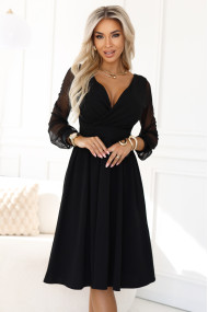  657-1 Elegant midi dress with a wrap neckline and tulle sleeves - black 