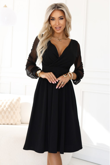  657-1 Elegant midi dress with a wrap neckline and tulle sleeves - black 