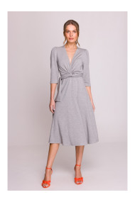 S404 Fit and flare knit dress with a tie belt - grey
