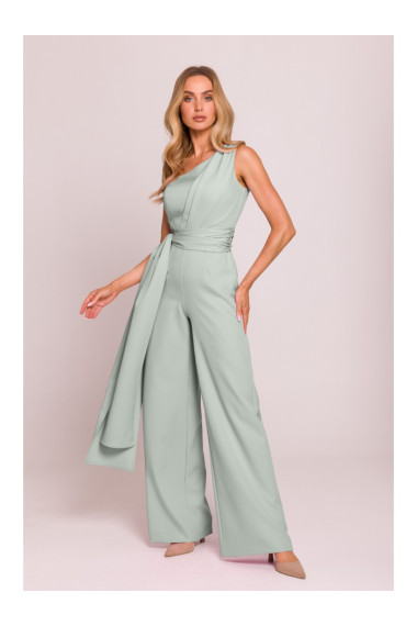 M845 One shoulder jumpsuit with a sash - mint