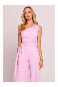 M845 One shoulder jumpsuit with a sash - candy pink
