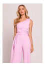 M845 One shoulder jumpsuit with a sash - candy pink