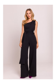 M845 One shoulder jumpsuit with a sash - black
