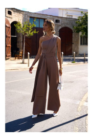 M845 One shoulder jumpsuit with a sash - mocca