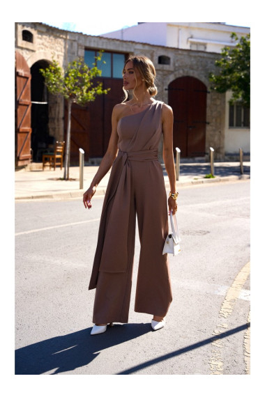 M845 One shoulder jumpsuit with a sash - mocca
