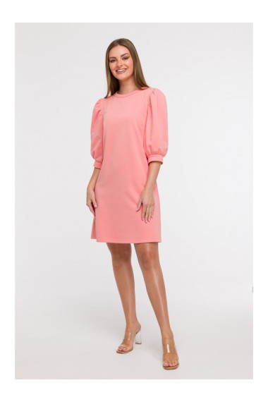 B291 A-line dress with puff sleeves - coral