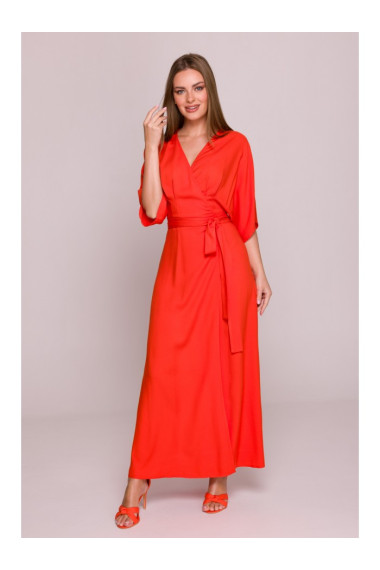 S406 Viscose maxi dress wrap design - coral