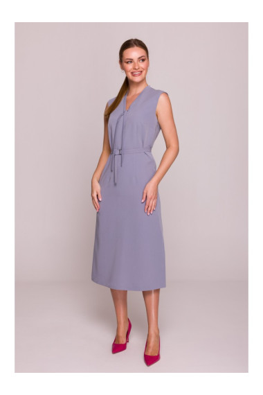 S410 A-line dress with tie detail V-shaped neckline - dove grey