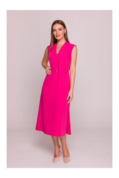 S410 A-line dress with tie detail V-shaped neckline - pink