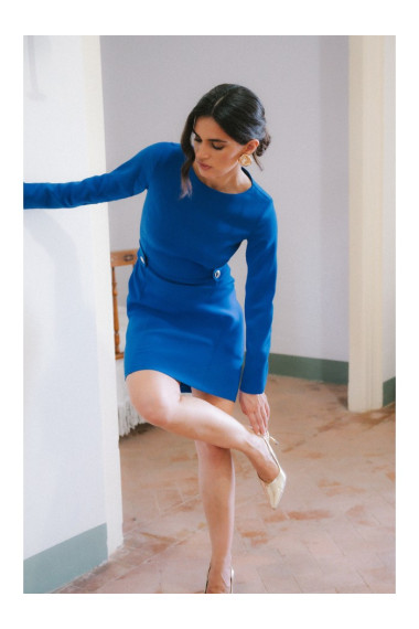 S419 Dress with decorative buttons at the waist - royal blue