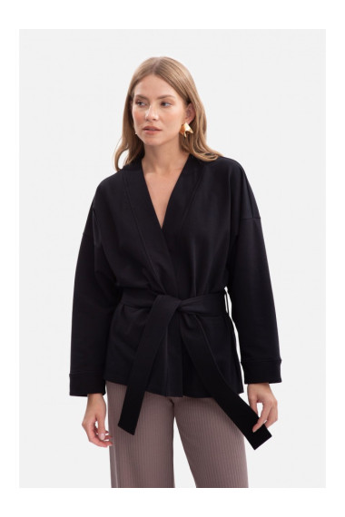 B297 Collarless knit open front blazer - black