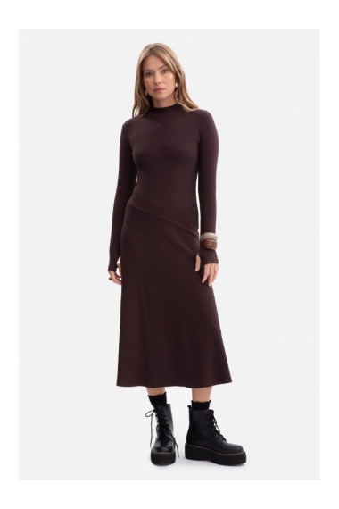 B299 Ribbed midi dress with asymmetrical waistline - dark chocolate