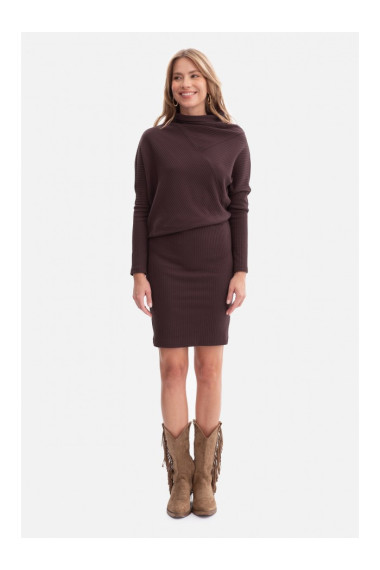 B309 Rib knit blouson dress - dark chocolate