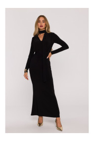 M891 Ruched dress with a sash - black