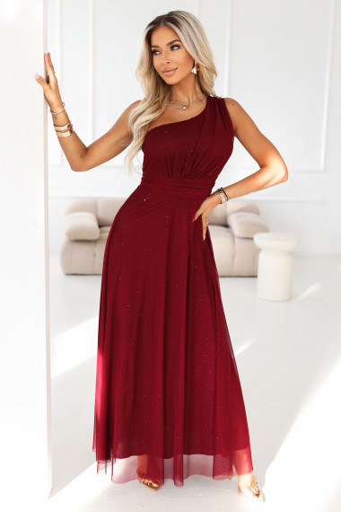  656-1 Long, shiny, one-shoulder evening dress - burgundy 