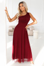  656-1 Long, shiny, one-shoulder evening dress - burgundy 