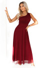  656-1 Long, shiny, one-shoulder evening dress - burgundy 